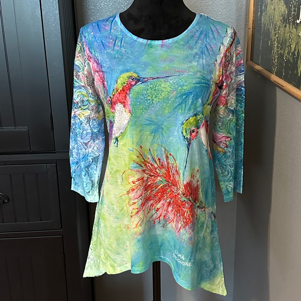 Leoma Lovegrove Hummingbird‎ Tunic Top Womens PS Blue Lace Sleeve Rhinestone
